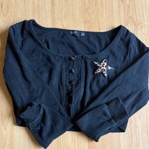 Current Mood Black Button-Up Top with Leopard Star